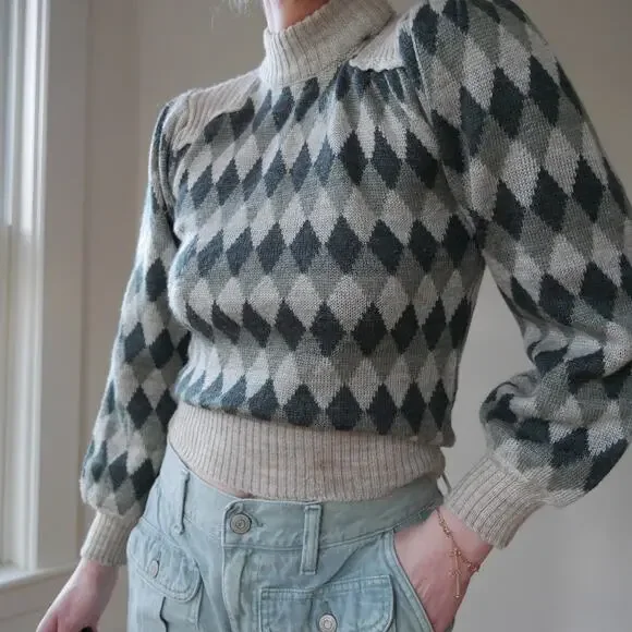 Vintage argyle knit sweater turtleneck puff sleeve womens Small - Picture 3 of 7